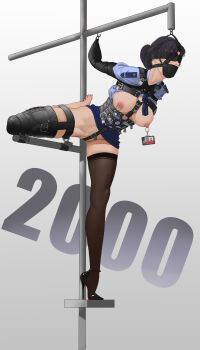 Rule 34 | 1girl, absurdres, arm binder, armbinder, arms behind back, badge, bdsm, black hair, blindfold, blue skirt, bondage, bound, bound arms, bound legs, breasts, breasts out, cloth gag, corset, crotch rope, elegia, epaulettes, female focus, gag, gag harness, gagged, harness, high heels, highres, improvised gag, large breasts, leg up, legbinder, long hair, nipple piercing, nipple rings, nipples, no bra, no panties, original, panel gag, pencil skirt, piercing, police, police uniform, policewoman, ponytail, restrained, simple background, single thighhigh, skindentation, skirt, slave, solo, standing, standing on one leg, suspension, thighhighs