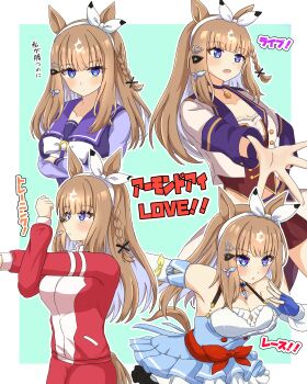 +_+ 1girl absurdres almond_eye_(umamusume) animal_ears blue_dress blue_eyes blue_gloves blush bow bow_hairband bowtie braid braided_sidelocks breasts brown_hair choker closed_mouth collarbone colored_inner_hair corset cropped_jacket detached_sleeves dress fingerless_gloves gloves hair_between_eyes hair_ornament hairband hairclip highres horse_ears horse_girl horse_tail jacket large_breasts long_hair long_sleeves multicolored_hair official_alternate_costume omochimaki open_mouth overskirt pants pendant_choker purple_choker purple_sailor_collar purple_serafuku purple_shirt red_button red_corset red_jacket red_pants red_shorts red_track_suit sailor_collar sailor_shirt school_uniform serafuku shirt shorts starting_future_(umamusume) stretching symbol-shaped_pupils tail tracen_school_uniform tracen_training_uniform track_jacket track_pants track_suit umamusume white_bow white_bowtie white_hairband white_jacket x-shaped_pupils