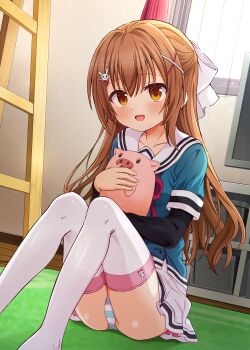 1girl absurdres animal_hair_ornament animal_print blue_shirt blush brown_hair commentary_request curtains hair_ornament hair_ribbon hairclip hanasaki_nonoka hanasaki_work_spring highres holding holding_stuffed_toy long_hair looking_at_viewer neck_ribbon open_mouth orange_eyes panties print_thighhighs rabbit_hair_ornament rabbit_print red_ribbon ribbon sailor_collar school_uniform shelf shirt short_sleeves sitting skirt smile striped_clothes striped_panties stuffed_animal stuffed_pig stuffed_toy television thighhighs underwear white_ribbon white_skirt white_thighhighs window x_hair_ornament yozakura_souki