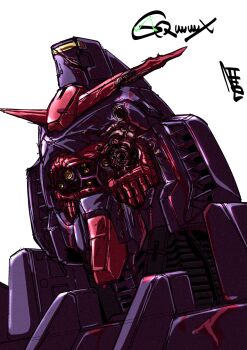 absurdres after_battle alternate_universe bullet_hole commentary_request damaged earth_federation gundam gundam_gquuuuuux highres machinery mecha mecha_focus mobile_suit nanziwakamika23 no_humans portrait psycho_gundam_(gquuuuuux) robot science_fiction signature spoilers title upper_body v-fin white_background