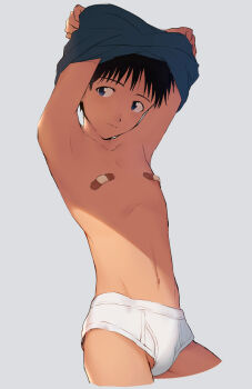 Rule 34 | 11kkr, 1boy, armpits, bandaid, bandaids on nipples, black hair, briefs, classic fly briefs, ikari shinji, male focus, male underwear, neon genesis evangelion, pasties, shirt, solo, underwear, undressing
