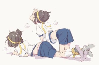 2girls all_fours blue_shorts brown_hair commentary_request full_body gym_uniform hair_ribbon highres lying multiple_girls on_stomach original panties panty_peek popman3580 ribbon shirt shoe_soles shorts socks underwear white_shirt white_socks yellow_ribbon