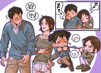 animal_ears bertolt_hoover blue_sweater blush breasts brown_hair chibi chibi_inset collared_shirt dog_ears english_text freckles furrowed_brow grey_pants grey_shirt grin hand_on_own_hip head_on_hand highres kemonomimi_mode medium_breasts moje_kingdom pants parted_lips shingeki_no_kyojin shirt short_hair sleeping smile strangling sweat sweater teeth white_pants white_shirt ymir_(shingeki_no_kyojin) zzz