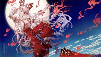 1girl 80isiiii boots bow chinese_commentary cloud commentary_request commission fire flying footwear_bow fujiwara_no_mokou full_moon grey_hair grey_shirt hair_bow highres huge_moon long_hair long_sleeves looking_at_viewer moon mountain multiple_hair_bows night ofuda ofuda_on_clothes pants pyrokinesis red_boots red_eyes red_pants shirt sky solo star_(sky) starry_sky suspenders touhou very_long_hair white_bow