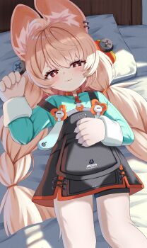 1girl :3 ahoge animal_ear_fluff animal_ear_piercing animal_ears black_dress braid braided_twintails bright_pupils closed_mouth commentary_request cowboy_shot dress file112056 furry furry_female green_shirt hair_ornament highres long_hair looking_at_viewer lying on_back on_bed pink_fur pink_hair rabbit_ears rabbit_girl red_eyes screw shirt short_eyebrows solo sphere_hair_ornament thick_eyebrows white_pupils zenless_zone_zero zhao_(zenless_zone_zero)