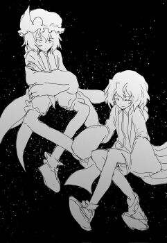 2others ^_^ androgynous arrow_print bare_legs black_background chinese_commentary closed_eyes closed_mouth coattails collared_shirt commentary_request crossed_ankles crossed_arms expressionless frilled_headwear frilled_shorts frills frown full_body hair_between_eyes happy hat high_collar highres hood hood_down hooded_jacket invisible_chair jacket len&#039;en light_particles long_sleeves looking_at_another medium_hair mob_cap multiple_others open_clothes open_jacket other_focus print_jacket puffy_shorts shirt shitodo_hooaka shitodo_kuroji short_hair shorts siblings simple_background sitting sleeves_past_fingers sleeves_past_wrists smile socks triangular_headpiece wavy_hair weihe_wuya_xiang_zhuo_tai wide_sleeves zipper