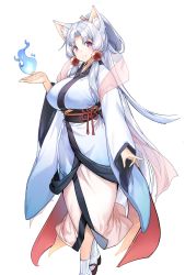 1girl :3 ajishio animal_ears beads breasts commentary feet_out_of_frame fox_ears full_body geta hair_beads hair_ornament hand_up highres hitodama holding japanese_clothes kimono large_breasts layered_clothes layered_kimono long_hair looking_at_viewer obi pink_kimono purple_eyes sash sidelocks smile solo standing tabi touhoku_itako utau very_long_hair voiceroid white_background white_hair white_kimono