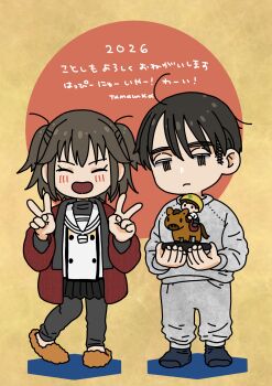 1boy 1girl 2026 absurdres admiral_(kancolle) alternate_costume black_skirt commentary_request double_v facing_viewer full_body highres japanese_clothes jinbei_(clothes) kantai_collection looking_at_viewer new_year pants pants_under_skirt pleated_skirt sailor_collar sailor_shirt sendai_(kancolle) shirt short_hair skirt toy_horse translation_request two_side_up v white_sailor_collar yoshizawa_tamae