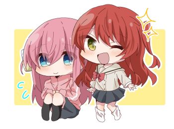 2girls blue_eyes blush bocchi_the_rock! chibi chibi_only commentary_request cube_hair_ornament flying_sweatdrops gotoh_hitori grey_skirt hair_ornament hair_over_eyes highres jacket kita_ikuyo long_hair multicolored_hair multiple_girls one_eye_closed pink_hair pink_jacket pink_track_suit red_hair school_uniform shuka_high_school_uniform side_ahoge side_ponytail simple_background skirt sparkle torikoboshi track_suit two-tone_hair white_background yellow_background yellow_eyes yuri