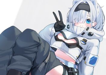 Rule 34 | 1girl, absurdres, animal ears, arknights, aurora (arknights), blue eyes, breasts, cleavage, cleavage cutout, closed mouth, clothing cutout, commentary, crop top, crop top overhang, cropped jacket, dutch angle, feet out of frame, grey background, grey hair, grey pants, hair over one eye, highres, jacket, knees up, large breasts, moti yousei, pants, sitting, smile, solo, two-tone background, white background, white jacket