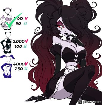 1girl apron bare_shoulders black_hair black_shirt black_thighhighs breasts cleavage colored_sclera commentary english_commentary hazbin_hotel hellaverse highres kaizervenom large_breasts long_hair maid multicolored_hair puffy_short_sleeves puffy_sleeves red_hair red_sclera roo_(hazbin_hotel) shirt short_sleeves sitting smile solo thighhighs twintails two-tone_hair waist_apron white_apron