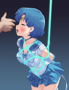 1boy 1girl arms_behind_back bdsm bishoujo_senshi_sailor_moon blue_eyes blue_hair blue_skirt bondage bound bound_arms breasts circlet cleavage commentary_request commission frown funitarefu hetero highres medium_breasts pixiv_commission rape restrained sailor_mercury school_uniform serafuku shirt skirt slapping variant_set white_shirt