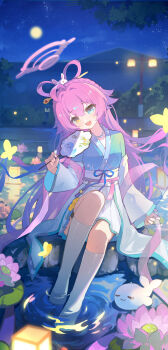 1girl :d absurdres blue_archive blue_eyes bug butterfly chinese_clothes feixianji_(hairstyle) flower full_body full_moon hair_ornament hair_rings halo hand_fan hanfu heterochromia highres holding holding_fan hoshino_(blue_archive) hoshino_(mid-autumn_festival)_(blue_archive) insect jia_ri_fan_mai_ji kneehighs lantern lily_pad long_hair long_sleeves looking_at_viewer lotus moon night night_sky open_mouth outdoors paper_fan paper_lantern pink_hair sitting sky smile soaking_feet socks solo star_(sky) starry_sky tuanshan very_long_hair water white_socks yellow_eyes