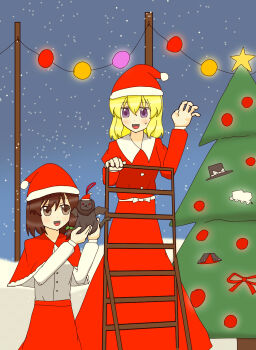:d absurdres alternate_costume alternate_headwear black_capelet black_hat blonde_hair blush bow brown_eyes brown_hair capelet christmas christmas_lights christmas_tree collared_dress dress hair_between_eyes hat hat_bow highres imori15p long_sleeves maribel_hearn mob_cap open_mouth outdoors purple_eyes red_capelet red_dress red_hat red_ribbon red_skirt ribbon santa_hat sash shirt short_hair skirt smile snowing sweatdrop touhou usami_renko white_bow white_hat white_sash white_shirt