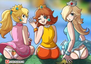 Rule 34 | 3girls, ass, ass focus, bad id, bad twitter id, blonde hair, blue dress, blue eyes, butt crack, crown, dress, earrings, female focus, food, fruit, highres, jewelry, kinkymation, long hair, looking at viewer, looking back, low-tied long hair, mario (series), mario tennis, mario tennis aces, multiple girls, nintendo, one eye closed, one eye covered, orange shorts, panties, patreon logo, patreon username, peach, pink dress, ponytail, princess daisy, princess daisy (sports shorts), princess peach, princess peach (sports dress), print panties, rosalina, rosalina (sports), shirt, shorts, sitting, star (symbol), star earrings, super mario galaxy, super mario land, tennis daisy, tennis peach, tomboy, underwear, upskirt, watermark, web address, wink, yellow shirt