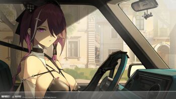 1girl absurdres black_gloves black_leotard bob_cut breasts car_interior copyright_name copyright_notice day elbow_gloves gloves hair_ornament hair_over_one_eye highres house large_breasts leotard logo looking_at_viewer official_art official_wallpaper one_eye_covered purple_eyes purple_hair rear-view_mirror seatbelt shade short_hair solo spaghetti_strap steering_wheel tree upper_body xinyue_tongxing yuren_(xinyue_tongxing)