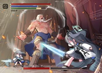 1boy 2girls absurdly_long_hair absurdres aqua_halo aris_(blue_archive) arm_wrap black_hair black_skirt blue_archive braid braided_beard crossover elden_ring facial_hair fighting_stance full_body giant giant_male halo health_bar highres hoarah_loux holding holding_sword holding_weapon jacket kei_(blue_archive) kurana_(atlas) loincloth long_hair multiple_girls muscular muscular_male one_side_up pleated_skirt red_eyes skirt standing sword topless_male very_long_hair weapon white_hair white_jacket