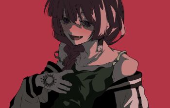 1girl bocchi_the_rock! braid fang hand_tattoo highres hiroi_kikuri purple_hair ringed_eyes solo tattoo yukahire