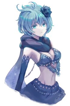 1girl 3ch_ antenna_hair blue_bra blue_eyes blue_flower blue_gloves blue_hair blue_scarf bra commentary drag-on_dragoon drag-on_dragoon_3 elbow_gloves flower gloves hair_flower hair_ornament highres lace_trim lingerie messy_hair midriff miichinori parted_lips scarf short_hair simple_background solo stomach two_(drag-on_dragoon) underwear white_background