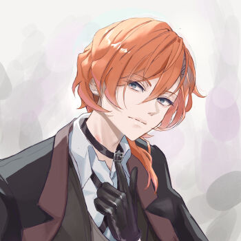 1boy adam's_apple belt_collar black_coat black_gloves blue_eyes bungou_stray_dogs closed_mouth coat collar collared_shirt commentary_request cross_tie gloves long_hair looking_at_viewer male_focus nakahara_chuuya_(bungou_stray_dogs) no_headwear orange_hair shirt solo theo_amenoti80 vest waistcoat white_shirt