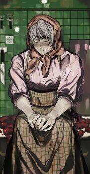 1boy axis_powers_hetalia blush brown_skirt closed_eyes closed_mouth crossdressing crossdressing_(mtf) electric_plug fingernails grey_hair headscarf high-waist_skirt highres indoors kiguchi05 kitchen_knife knife long_sleeves male_focus mirror own_hands_together pink_shirt plaid_clothes plaid_skirt puffy_long_sleeves puffy_sleeves red_headscarf russia_(hetalia) shirt short_hair sitting skirt solo suspender_skirt suspenders table