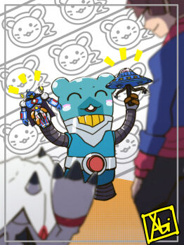 Rule 34 | amanokawa hiro, digimon, digimon (creature), digimon ghost game, espimon, gammamon, happy, highres, invisimon, looking at another, oblivimon, robot, teeth