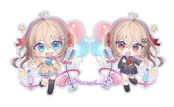 2girls ahoge artist_name asymmetrical_legwear balloon black_sailor_collar black_serafuku black_shirt black_skirt black_socks black_thighhighs blue_bow blue_bowtie blue_eyes blue_sailor_collar blue_skirt blush bow bowtie box broken_heart broken_heart_hair_ornament brown_hair chibi dress_shirt evil_neuro-sama full_body gift gift_box hair_between_eyes hair_ornament hair_ribbon heart heart_hair_ornament indie_virtual_youtuber lava_lamp loafers long_hair long_sleeves looking_at_viewer microphone microphone_stand multiple_girls neuro-sama open_mouth pleated_skirt ranersha1 red_bow red_eyes red_ribbon ribbon sailor_collar school_uniform serafuku shirt shoes siblings simple_background single_sock single_thighhigh skirt socks standing standing_on_one_leg thighhighs twins two_side_up uneven_legwear virtual_youtuber white_background white_shirt yellow_serafuku