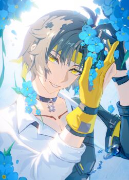 1216767974xue 1boy absurdres armor asaba_harumasa asymmetrical_gloves black_gloves black_hair blue_background blue_flower choker collarbone commentary_request flower flower_on_shoulder gloves gradient_background grin half_gloves headband highres holding holding_flower looking_at_viewer male_focus mismatched_gloves parted_bangs parted_lips partially_fingerless_gloves shirt short_hair shoulder_armor smile solo upper_body white_background white_shirt wristband yellow_eyes yellow_gloves yellow_headband zenless_zone_zero