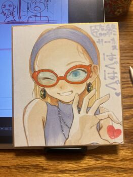 1girl bangs_pinned_back bare_shoulders blonde_hair blue_eyes commentary_request earrings glasses haguhagu_(rinjuu_circus) hairband heart heart_hands highres jewelry looking_at_viewer necklace one_eye_closed original photo_(medium) sasha_(haguhagu) shikishi sleeveless sleeveless_sweater smile solo sweater traditional_media upper_body