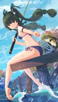 1girl absurdres android armband barefoot bikini blue_bikini blue_sky braid excella_(delltothu) fish fishing fishing_line fishing_rod green_eyes green_hair hair_ornament highres holding holding_fishing_rod legs looking_back pier qingyi_(zenless_zone_zero) side_braids sitting sky solo sphere_hair_ornament swimsuit toes twintails water zenless_zone_zero