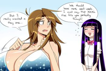2girls bikini bouncing_breasts breasts brown_hair cleavage ego_trigger gigantic_breasts graph_(graphiteknight) lass_(ego_trigger) long_hair medium_breasts multiple_girls purple_hair swimsuit