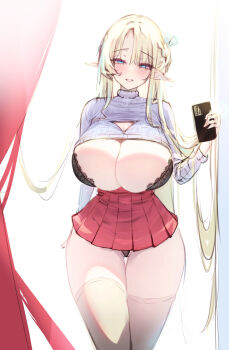 Rule 34 | 1girl, arm behind back, black bra, black panties, blonde hair, blue eyes, blue ribbon, blush, bra, braid, breasts, cellphone, cleavage, cleavage cutout, clothes lift, clothing cutout, commentary request, cowboy shot, curtains, dated, elf, geonjeonji, grey sweater, grey thighhighs, grin, hair between eyes, hair ribbon, half-closed eyes, half up braid, hand up, high-waist skirt, highres, holding, holding phone, huge breasts, korean commentary, lace, lace-trimmed bra, lace trim, long hair, long pointy ears, long sleeves, looking at viewer, miniskirt, original, panties, parted lips, phone, pleated skirt, pointy ears, red skirt, ribbed sweater, ribbon, sidelocks, sketch, skirt, smartphone, smile, solo, standing, sweater, sweater lift, thigh gap, thighhighs, turtleneck, turtleneck sweater, underwear, very long hair, white background