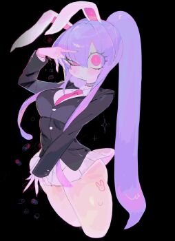 Rule 34 | 1girl, alternate hairstyle, animal ears, black background, blush, breasts, commentary request, curvy, highres, large breasts, long hair, long sleeves, looking at viewer, necktie, ponytail, purple hair, rabbit ears, rabbit girl, red eyes, red necktie, reisen udongein inaba, shirt, simple background, skirt, solo, thick thighs, thighs, touhou, usa37107692, very long hair, white shirt