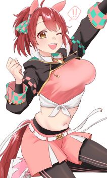! !! ... 1girl animal_ears arm_up belt black_leggings black_shrug blush breasts brown_eyes brown_hair brown_tail commentary_request dantsu_flame_(center_spotlight)_(umamusume) dantsu_flame_(umamusume) ear_covers highres hood hood_down hooded_shrug horse_ears horse_girl horse_tail large_breasts leggings long_sleeves looking_at_viewer midriff navel nitsutomeo_shinobu one_eye_closed open_mouth pink_shirt pink_shorts shirt shorts shrug_(clothing) simple_background smile solo spoken_ellipsis tail teeth umamusume upper_teeth_only white_background white_belt