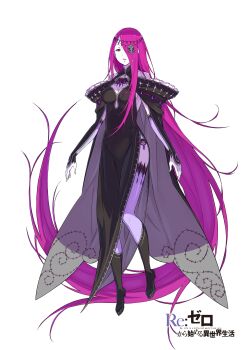 1girl absurdres bare_shoulders black_boots black_cloak black_dress boots breasts cleavage cleavage_cutout cloak clothing_cutout collared_dress colored_skin commentary_request copyright_name covered_navel dress floating full_body hair_ornament hair_over_one_eye highres holding large_breasts lips long_hair long_sleeves looking_at_viewer official_art ootsuka_shin&#039;ichirou parted_lips purple_eyes purple_hair purple_lips purple_skin re:zero_kara_hajimeru_isekai_seikatsu sekhmet_(re:zero) side_slit simple_background solo tachi-e thigh_strap thighs title very_long_hair white_background