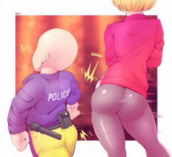 ! 1boy 1girl android_18 artist_name ass bald bald_male blonde_hair couple dragon_ball dragon_ball_super dragon_ball_super_super_hero flashlight highres husband_and_wife kuririn motion_lines mrmlix muscular muscular_male police police_uniform policeman sound_effects source_request thick_thighs thighs