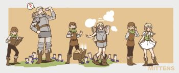 1girl 2boys age_regression aged_down armor blonde_hair blush book boots brown_boots brown_hair chilchuck_tims dress dungeon_meshi eating genderswap genderswap_(mtf) highres laios_touden multiple_boys mushroom reading scarf sequential transformation zrav7853