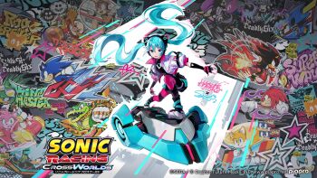 1girl amy_rose animal_ear_headphones animal_ears black_boots black_gloves black_shirt black_shorts blue_eyes blue_hair boots cameo cat_ear_headphones cat_ears character_name charmy_bee colored_shoe_soles commentary_request copyright_name copyright_notice dr._eggman elbow_gloves espio_the_chameleon fake_animal_ears fingerless_gloves floating_hair full_body gloves graffiti hair_between_eyes hatsune_miku headphones headset highres holographic_clothing hoverboard jacket jet_the_hawk knuckles_the_echidna logo long_hair looking_at_viewer metal_sonic official_art open_clothes open_jacket shadow_the_hedgehog shirt short_sleeves shorts silver_the_hedgehog smile solo sonic_(series) sonic_racing:_crossworlds sonic_the_hedgehog star_(symbol) storm_the_albatross tails_(sonic) twintails very_long_hair vocaloid wave_the_swallow white_jacket zazz