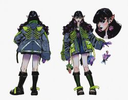 1girl black_boots black_eyes black_eyeshadow black_hair black_lips black_nails black_skirt blue_jacket boots character_doll closed_mouth coat doll dropping earrings eyeshadow fashion fingernails flat_chest floating_earrings full_body green_coat hair_over_shoulder high-waist_skirt highres holding holding_doll hood hood_down hooded_jacket ibrahem_swaid jacket jewelry knee_boots kneepits knees lipstick long_fingernails long_hair long_sleeves looking_at_viewer lucien_(ibrahem_swaid) makeup miniskirt multicolored_hair multicolored_jacket multiple_views nail_polish nose open-toe_boots open_clothes open_hand original platform_boots pleated_skirt pocket pointy_ears purple_hands purple_nails reference_sheet sharp_fingernails shoelaces simple_background skeleton_print skirt sleeves_past_wrists standing strap thighs toenail_polish toenails toes underbust unmoving_pattern white_background wide_sleeves wispy_bangs x_(symbol)