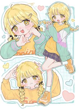 1girl blonde_hair blush braid fang fujita_kotone gakuen_idolmaster guma_amam hashtag-only_commentary heart highres idolmaster jacket long_hair looking_at_viewer multicolored_jacket multiple_views nervous_sweating own_hands_together plaid_clothes plaid_skirt shirt shoes shorts skirt smile sneakers standing standing_on_one_leg steepled_fingers sweat twin_braids yellow_eyes yellow_shirt yellow_shorts