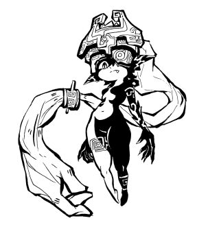 1girl closed_mouth colored_skin commentary english_commentary fake_horns fang fang_out flat_chest full_body greyscale helmet helmet_over_one_eye highres horned_helmet horns long_pointy_ears looking_at_viewer midna monochrome multicolored_skin navel nintendo one_eye_covered pointy_ears ponytail slit_pupils solo tatodrudis the_legend_of_zelda the_legend_of_zelda:_twilight_princess two-tone_skin