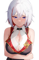 Rule 34 | 1girl, arm under breasts, armpit crease, bare shoulders, blue eyes, blush, breasts, button gap, cleavage, cleavage cutout, closed mouth, clothing cutout, colored inner hair, hand on own arm, highres, honkai: star rail, honkai (series), large breasts, lessone, looking at viewer, multicolored hair, red hair, simple background, solo, straight-on, topaz (honkai: star rail), upper body, white background, white hair