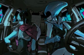 Rule 34 | 1other, 2girls, armor, black bodysuit, black hair, blue gloves, blue skin, bodysuit, breastplate, cape, car interior, colored skin, covered eyes, covered face, deltarune, elbow gloves, expressionless, gloves, highres, horns, kris (dark world) (deltarune), kris (deltarune), multiple girls, noelle holiday, paper on head, pink cape, queen (deltarune), rdif rw, short hair, sitting, smile, steering wheel, utdr (toby fox)