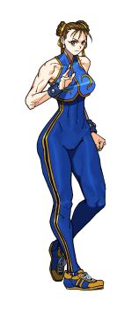Rule 34 | abs, blue bodysuit, blue footwear, blue vest, bodysuit, braid, braided bun, brown hair, capcom, chun-li, earrings, gold trim, hair bun, highres, iggler, jewelry, serious, shoes, sleeveless, sneakers, street fighter, street fighter alpha, striped clothes, toned, toned female, twin braids, vest, white background, wrist cuffs