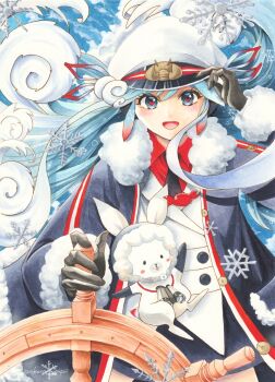 1girl aqua_eyes aqua_hair binoculars black_necktie black_shorts blush boots coat collared_shirt colored_tips commentary_request fur-trimmed_boots fur-trimmed_coat fur-trimmed_sleeves fur_trim gradient_hair hair_between_eyes hair_ornament hair_ribbon hat hatsune_miku heart heart_in_eye highres jacket long_hair long_sleeves looking_at_viewer marker_(medium) miku_day multicolored_hair necktie official_alternate_costume official_alternate_hairstyle open_mouth peaked_cap rabbit rabbit_yukine red_hair red_ribbon red_shirt ribbon sailor_hat ship's_wheel shirt short_shorts shorts smile symbol_in_eye traditional_media user_gxxc4285 very_long_hair vocaloid white_hair white_jacket yuki_miku yuki_miku_(2022)