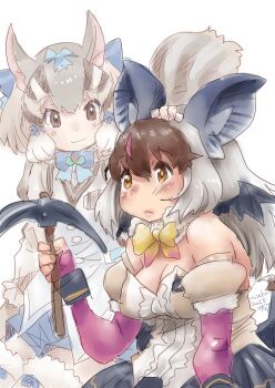 2girls animal_ears bat_ears bat_girl bat_tail bow bowtie breasts brown_eyes brown_hair brown_long-eared_bat_(kemono_friends) chipmunk_ears chipmunk_girl chipmunk_tail cleavage elbow_gloves extra_ears fingerless_gloves gloves grey_hair kemono_friends kemono_friends_v_project large_breasts leotard long_hair microphone multicolored_hair multiple_girls nyororiso_(muyaa) pickaxe ribbon shirt short_hair shorts siberian_chipmunk_(kemono_friends) simple_background skirt streaked_hair tail thighhighs vest virtual_youtuber wings