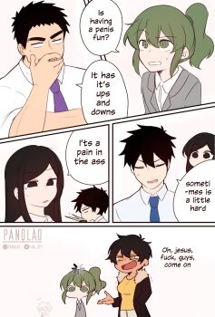 2boys 4girls artist_self-insert black_eyes black_hair blush breasts business_suit coat comic earrings english_text facial_hair fang formal_clothes goatee green_eyes green_hair highres igarashi_futaba implied_anal jewelry jitome kazama_souta kurobe_natsumi large_breasts medium_hair mole mole_under_eye multiple_boys multiple_girls muscular necktie office office_lady overcoat panqlao ponytail profanity pun right-to-left_comic sakurai_touko salaryman senpai_ga_uzai_kouhai_no_hanashi shirt short_hair sidelocks slit_pupils smile spitting stubble suit takeda_harumi thick_eyebrows twitter_username typo yellow_eyes