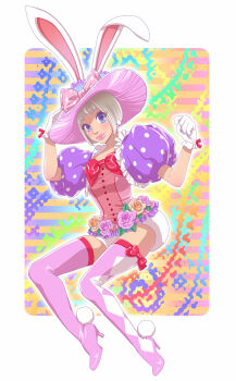 1girl animal_ears bow dancer disney disneyland easter easter_wonderland end_bunny_(disney) flower frills gloves hair_flower hair_ornament hat highres nonrio pantyhose rabbit_ears short_hair smile solo thighhighs top_hat white_hair
