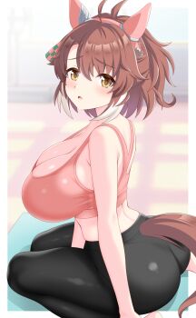 1girl ahoge animal_ears ass black_leggings blush border breasts brown_eyes brown_hair cleavage commentary_request dantsu_flame_(umamusume) ear_covers from_side gurukorian highres horse_ears horse_girl horse_tail large_breasts leggings looking_at_viewer medium_hair midriff multicolored_hair open_mouth outside_border pants pink_sports_bra ponytail seiza sitting skindentation solo sports_bra sportswear streaked_hair tail umamusume white_border white_streaks yoga_mat yoga_pants