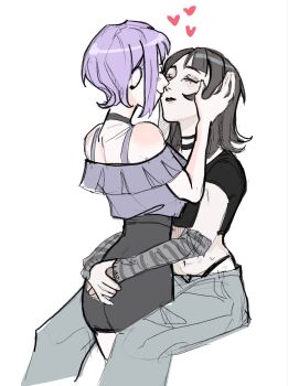 2girls arm_warmers arms_around_waist bang_dream! bang_dream!_it&#039;s_mygo!!!!! between_legs black_choker black_hair black_skirt choker closed_eyes closed_mouth commentary grey_pants hand_on_another&#039;s_face hashtag-only_commentary heart highleg highres kryakw long_hair multiple_girls pants purple_hair purple_shirt shirt short_hair simple_background skirt white_background yahata_umiri yuri yuutenji_nyamu